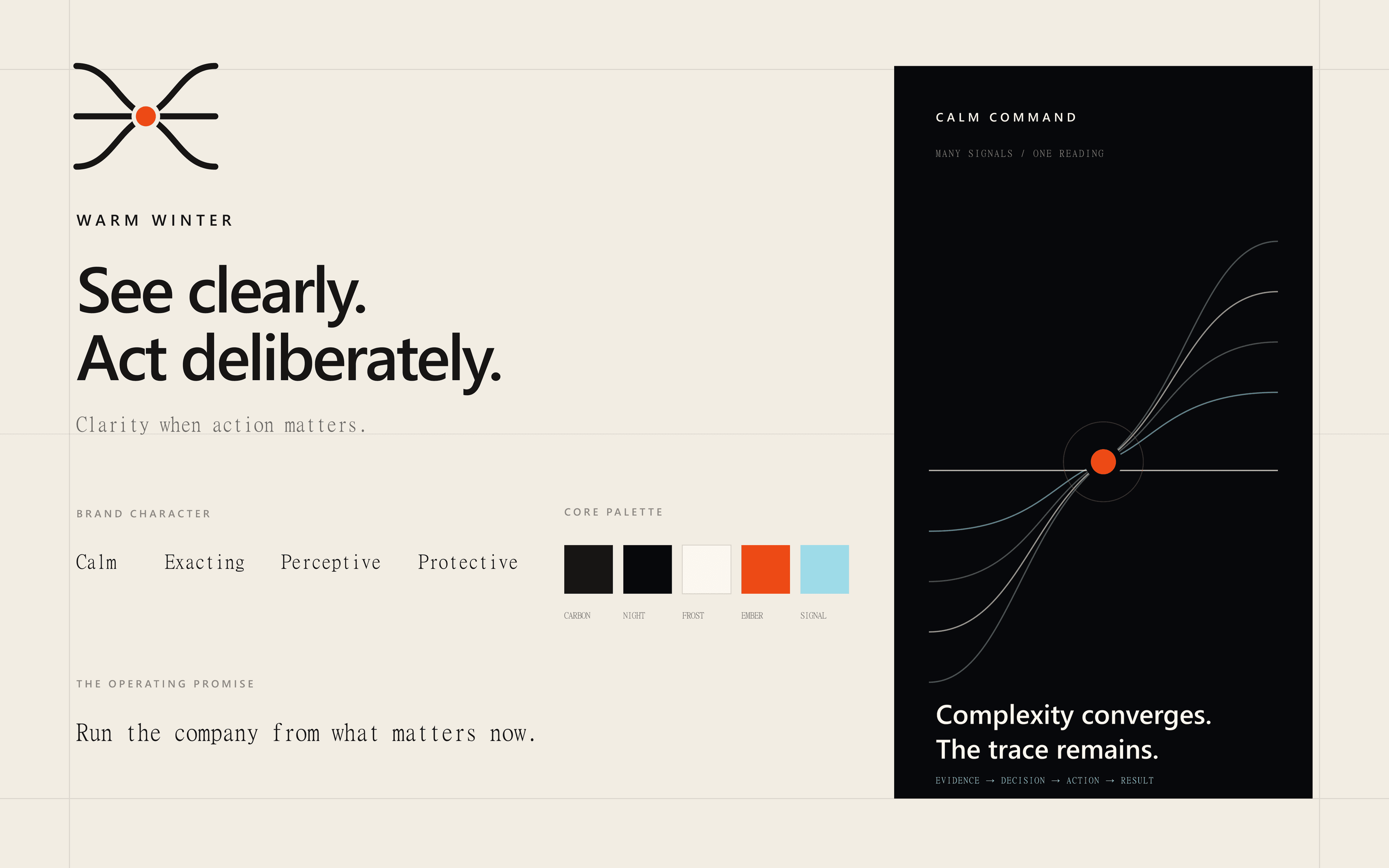 Warm Winter calm-command identity system